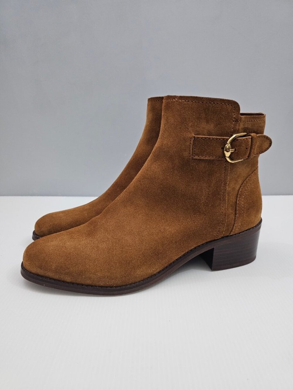 Cole Haan Hanover Buckle Ankle Boot Womens 11 Tobacco Brown Suede Block Heel